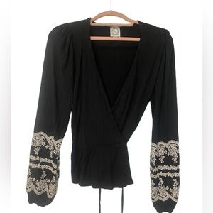 Blue Rain ladies black wrap top with gorgeous white embroidered puff sleeves SS